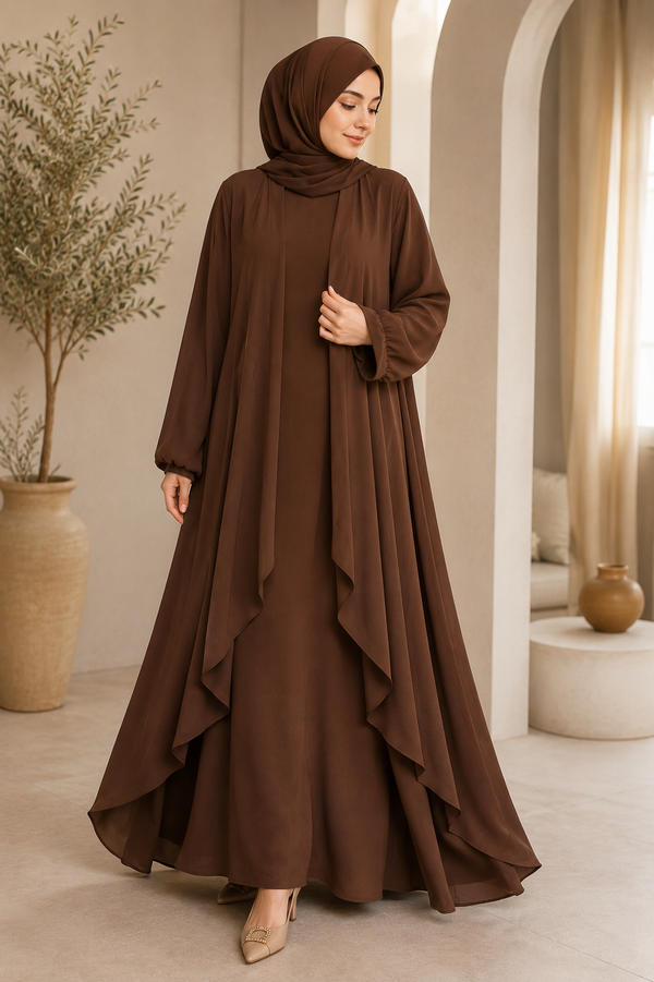 Aiza Front-Open Layered Abaya - Brown