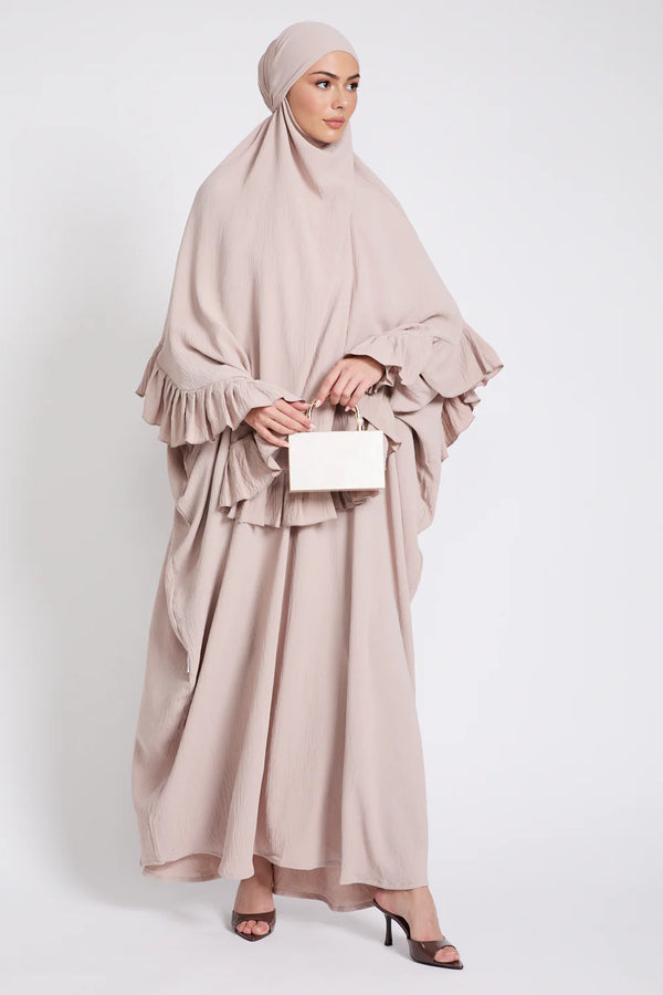 Frill Detailed Abaya and Khimar Set – Natural