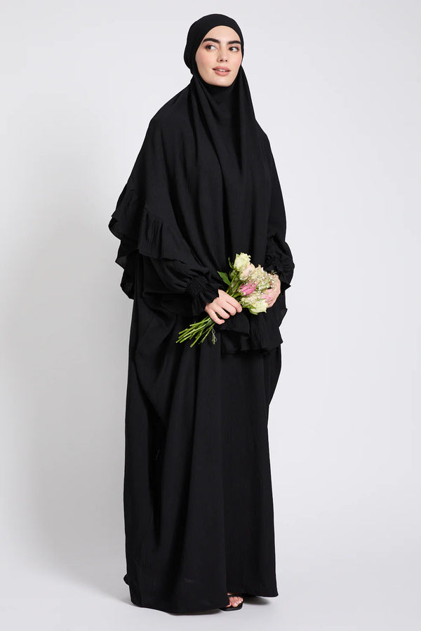 Frill Detailed Khimar Abaya Set – Black