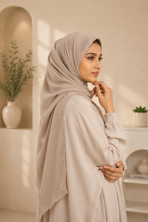 H2M Luxury Georgette Hijab with Dainty Detailing - Stone Beige
