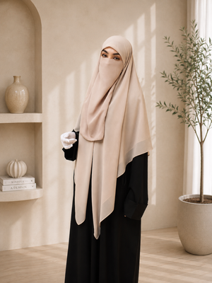 Cream Beige Square Scarf with Half Niqab Set – Super Breathable Premium Chiffon