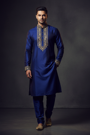 Embroidered Kurta Pyjama Set with gold detailing — H2M Fashion